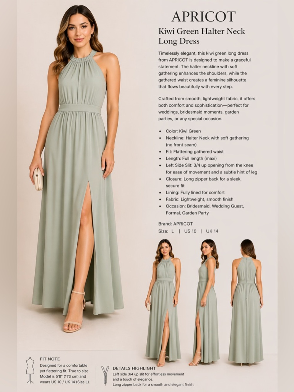 APRICOT Sage Green Halter Neck Maxi Dress size 10 - Picture 1 of 5